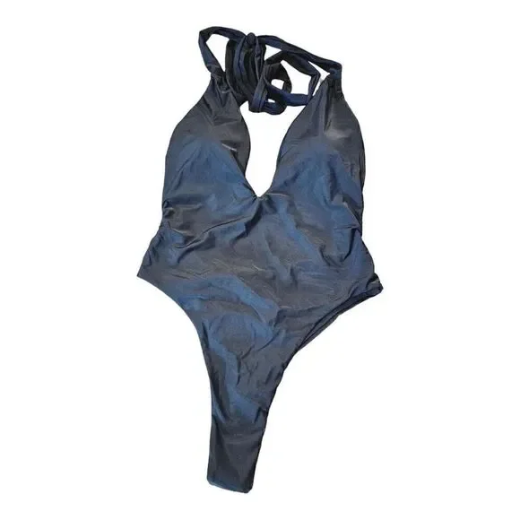 Lilosy Womens Black Halter Deep V-Neck Wrap Tie Waist One-Piece Swimsuit Size L - Picture 10 of 14